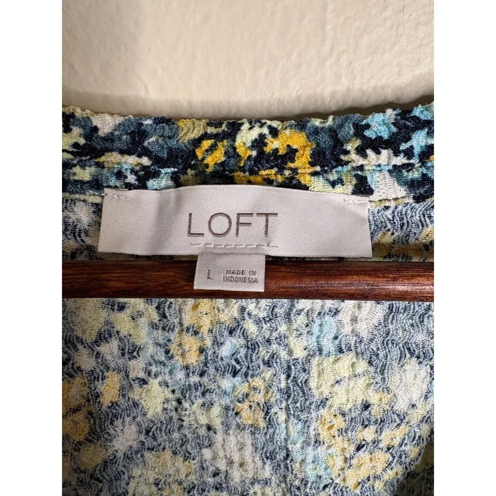 LOFT Womens Floral Puff Sleeve Blouse Size L Blue Yellow Cottagecore Casual